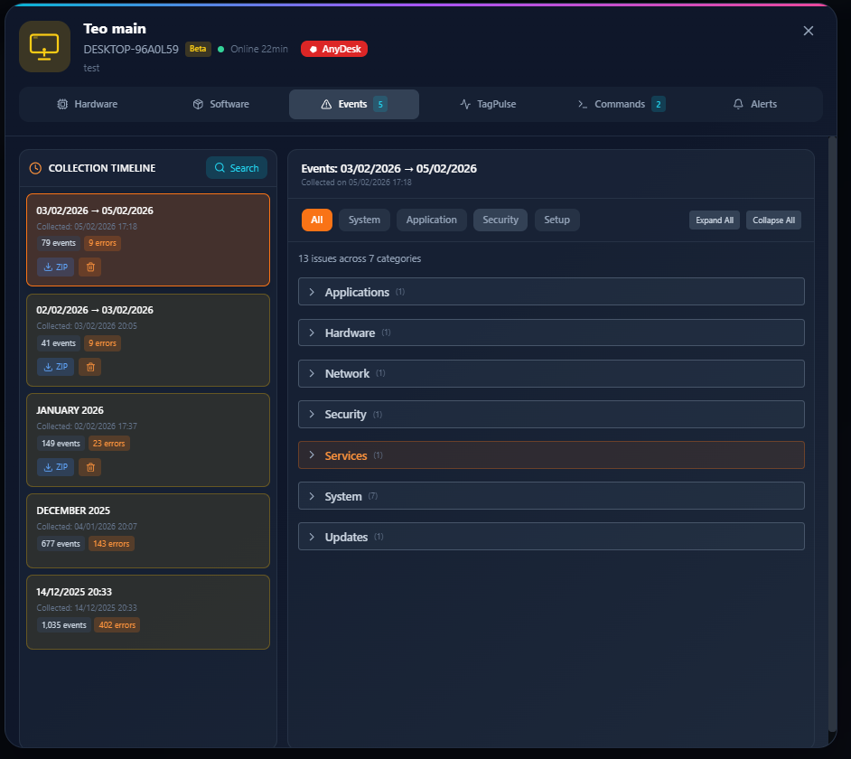 TagPulse Event Viewer - Remote Windows event log collection with timeline, categories, and error counts