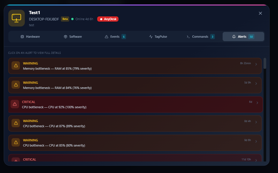 TagPulse Alert History - Per-machine alert timeline showing warnings and critical alerts with severity levels