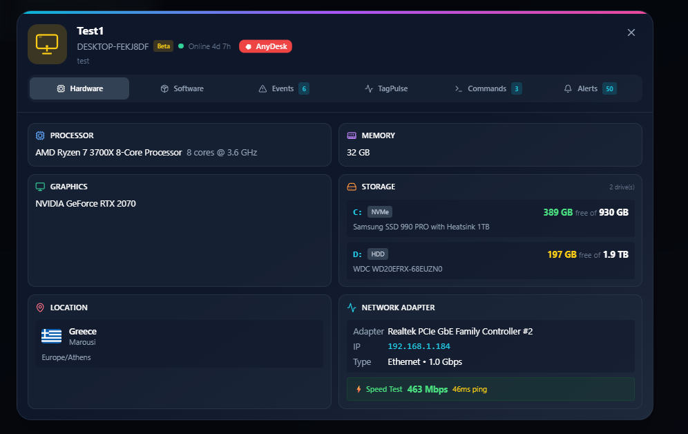TagPulse Machine Detail - Hardware overview with one-click AnyDesk remote support button
