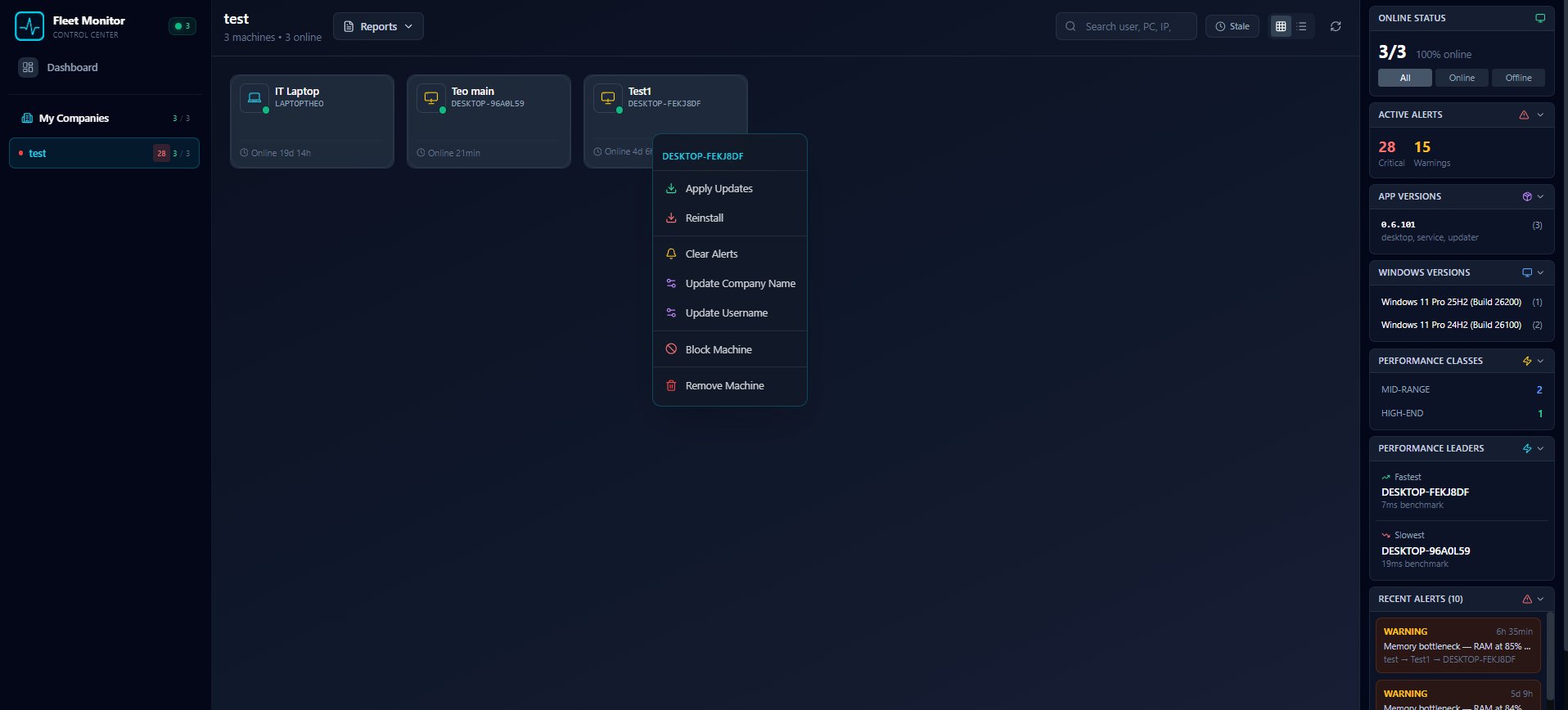 TagPulse Remote Commands - Right-click context menu with Apply Updates, Clear Alerts, Block Machine, and more