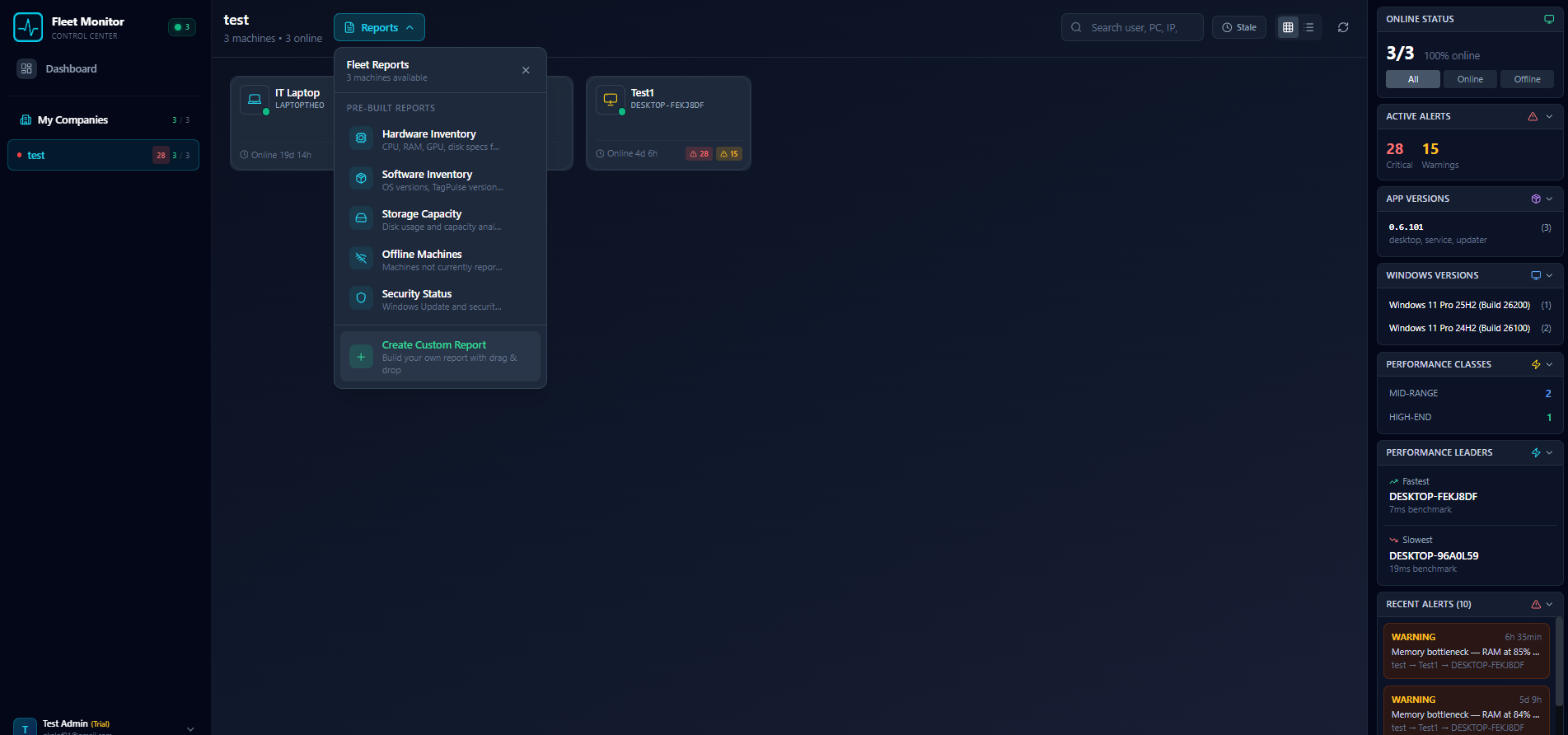 TagPulse Fleet Reports - Pre-built report templates and custom report builder for fleet-wide analytics
