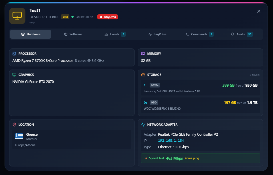 TagPulse Hardware Inventory - Detailed view showing CPU, GPU, RAM, storage, network adapter, and location per machine