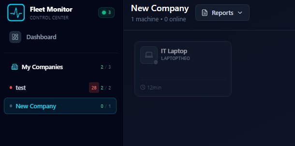 TagPulse Multi-Company Management - Sidebar showing multiple companies with independent machine groups and tracking