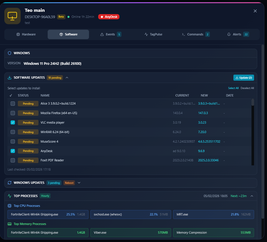 TagPulse Remote Software Updates - List of outdated applications with current vs new versions and one-click update button