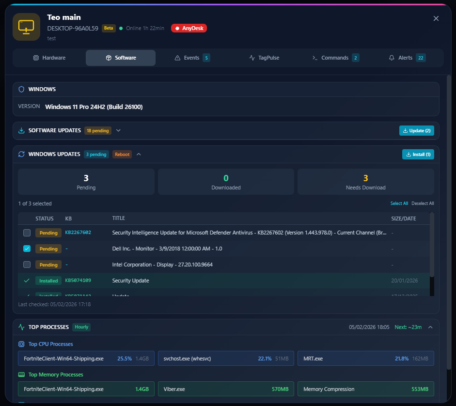 TagPulse Remote Windows Updates - Pending updates with KB numbers, install status, and remote installation button
