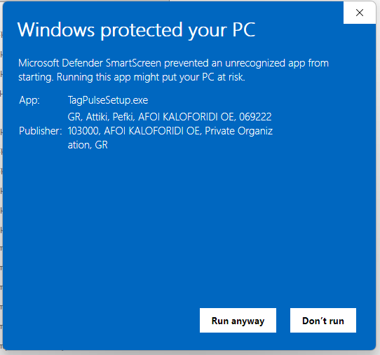 Windows SmartScreen prompt for TagPulseSetup.exe showing publisher AFOI KALOFORIDI OE, with the Run anyway button